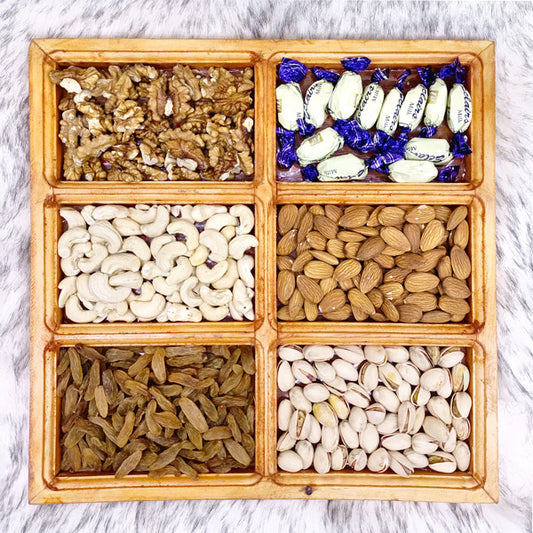 Nutty Bliss: Wooden Compartment Tray with Dry Nuts and Chocolates