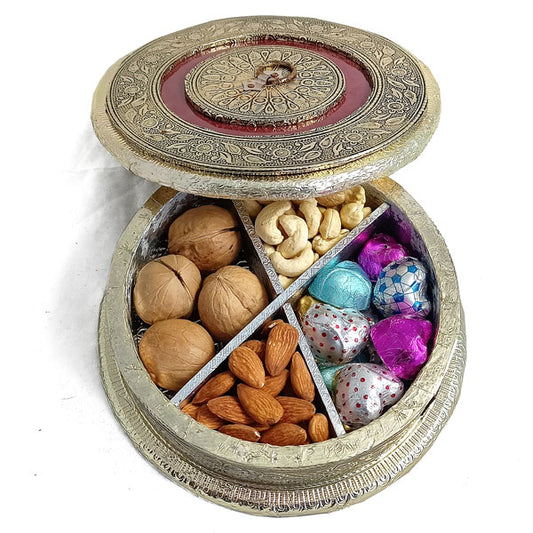 Golden Treats: Round Box with Dry Nuts & Chocolates