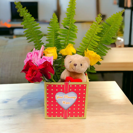 Boxed Arrangement: Teddy Bear and Mixed Roses with Fillers