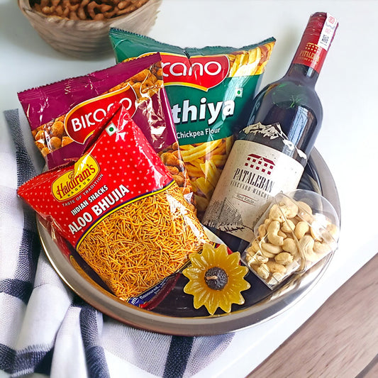 Assorted Snacks, Dry Nuts, Candle & 750ml Red Wine
