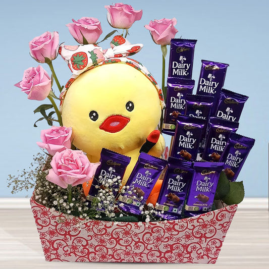 Adorable Penguin, Pink Roses, and Cadbury Chocolates Gift Bundle