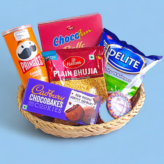 Assorted Snacks & Essentials: Bhujia, Pringles, Choco Rolls, Chocobakes