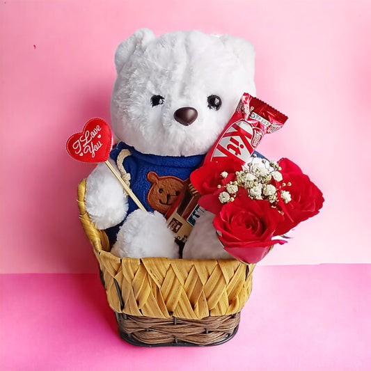 Gift Basket with Teddy, KitKat Chocolates, and Roses